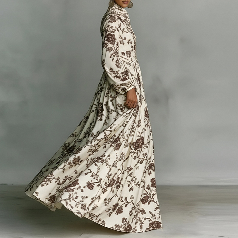 French Style Printed Long Dress with Collar, Loose Casual Vacation Dress