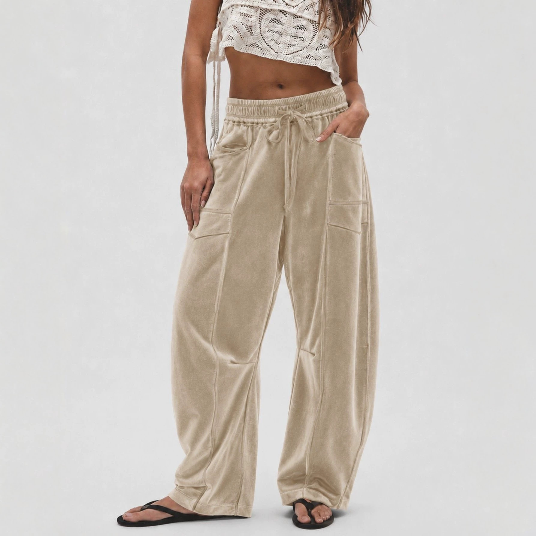 Women's Wide-Leg Velvet Pants with Drawstring Casual Loose Fit