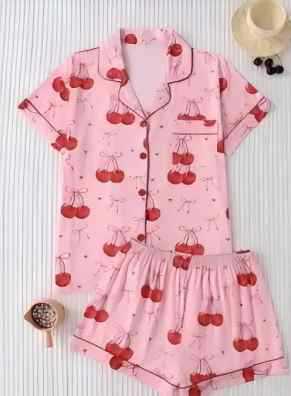 Women's Cuban Collar Rabbit Print Two-Piece Set with Ribbon