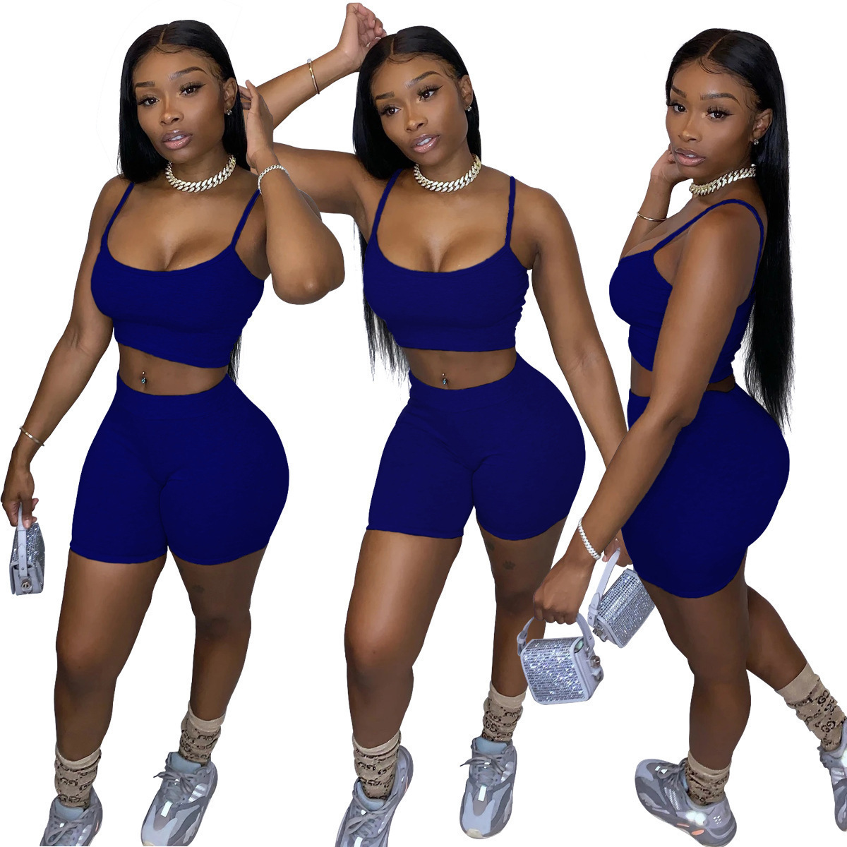 Women's Solid Color Crop Cami Top and Biker Shorts Two-Piece Set