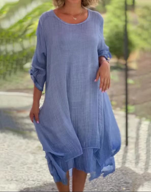 Women's Round Neck Asymmetrical Hem Solid Color Flowy Midi Dress