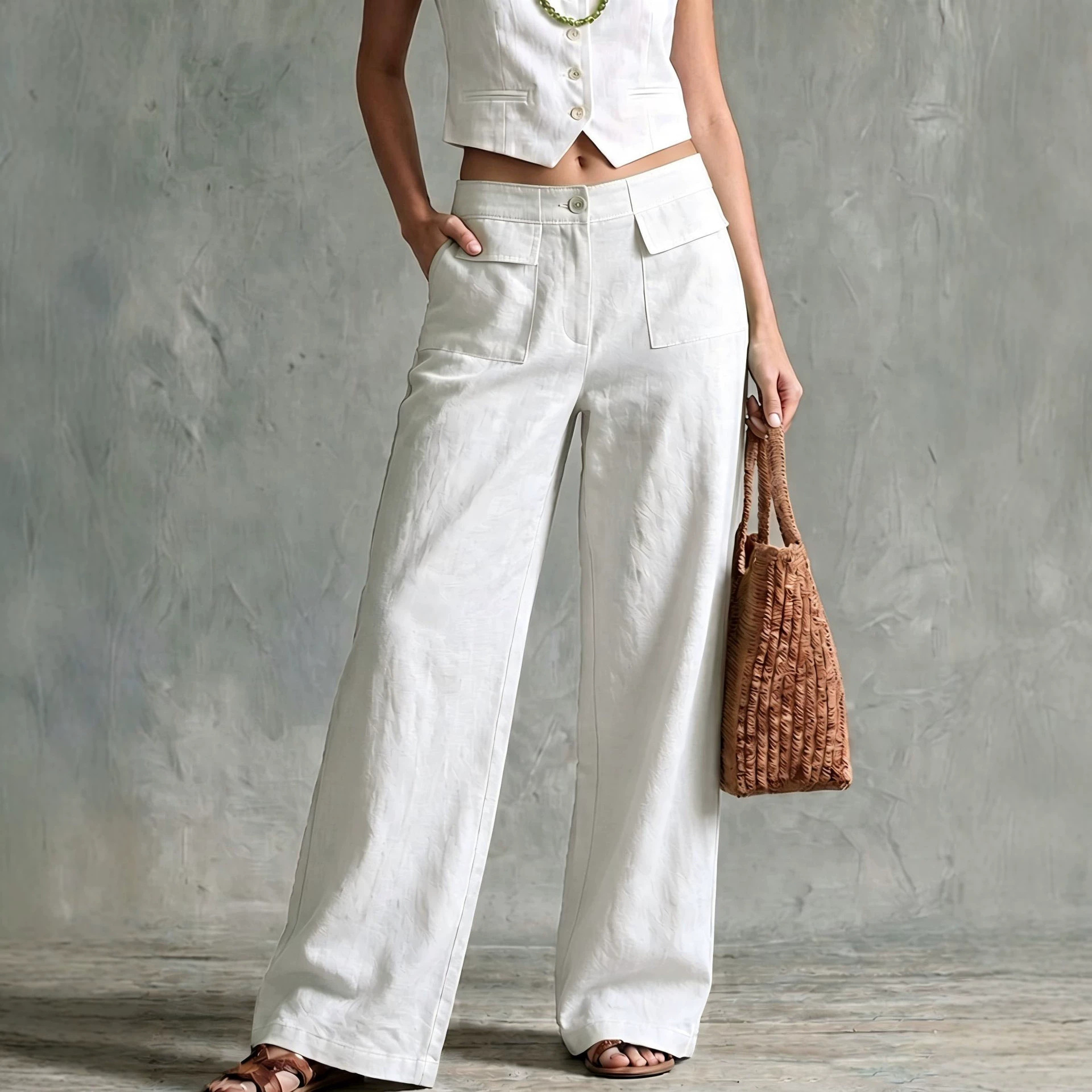 Women's Solid Color Cotton-Linen Wide-Leg Pants High Waist Loose Casual Long Pants