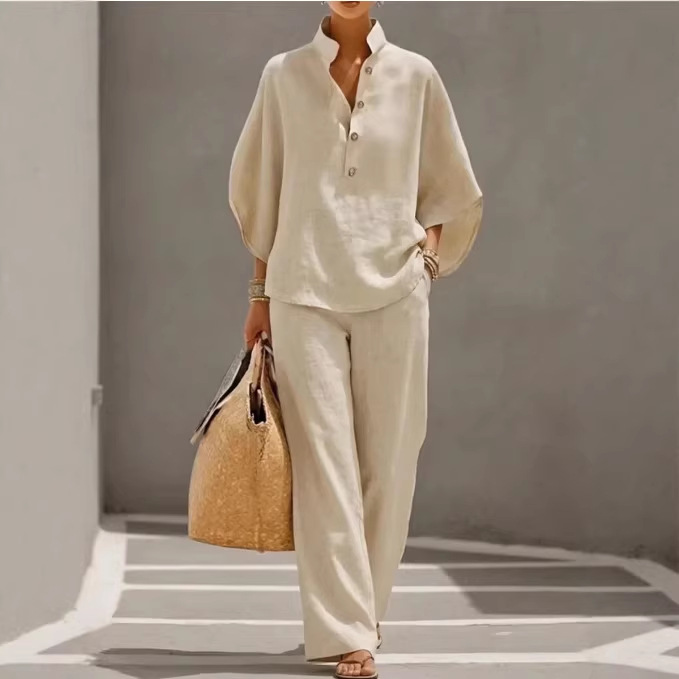 Women's Casual Loose Solid Color Zip Stand Collar Wide-Leg Pants Set