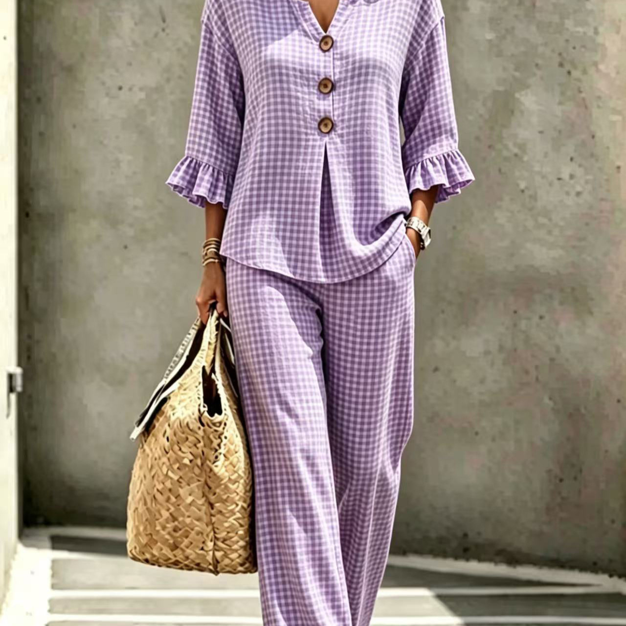 Women's Plaid V-Neck Ruffle Button Top & Pants Set