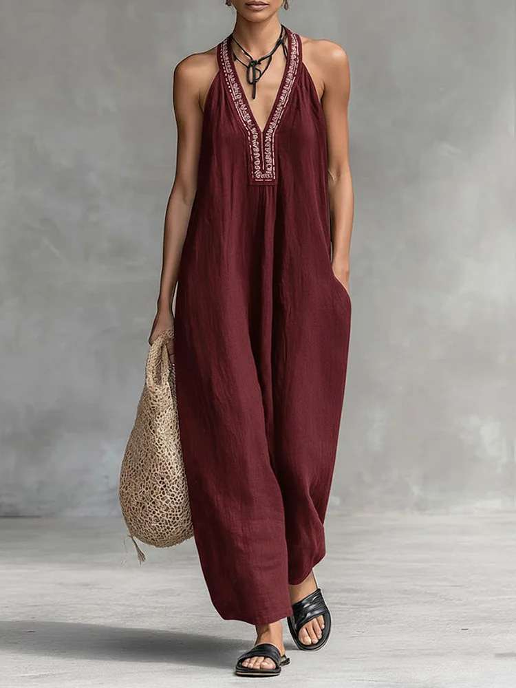 Women's V-Neck Halter Printed Jumpsuit Casual Vacation Sleeveless