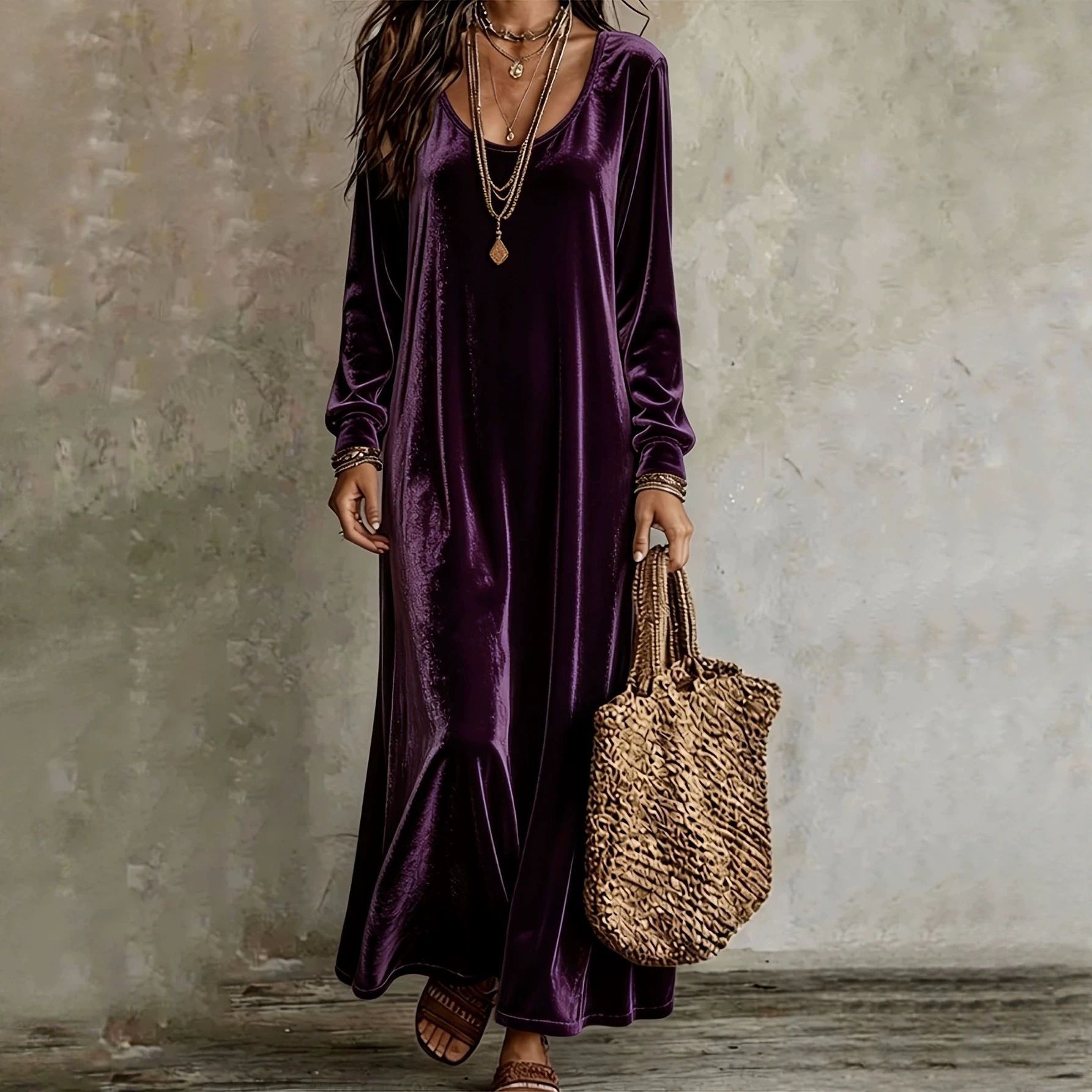 Solid Crewneck Long Sleeve Loose Casual A-Line Maxi Dress