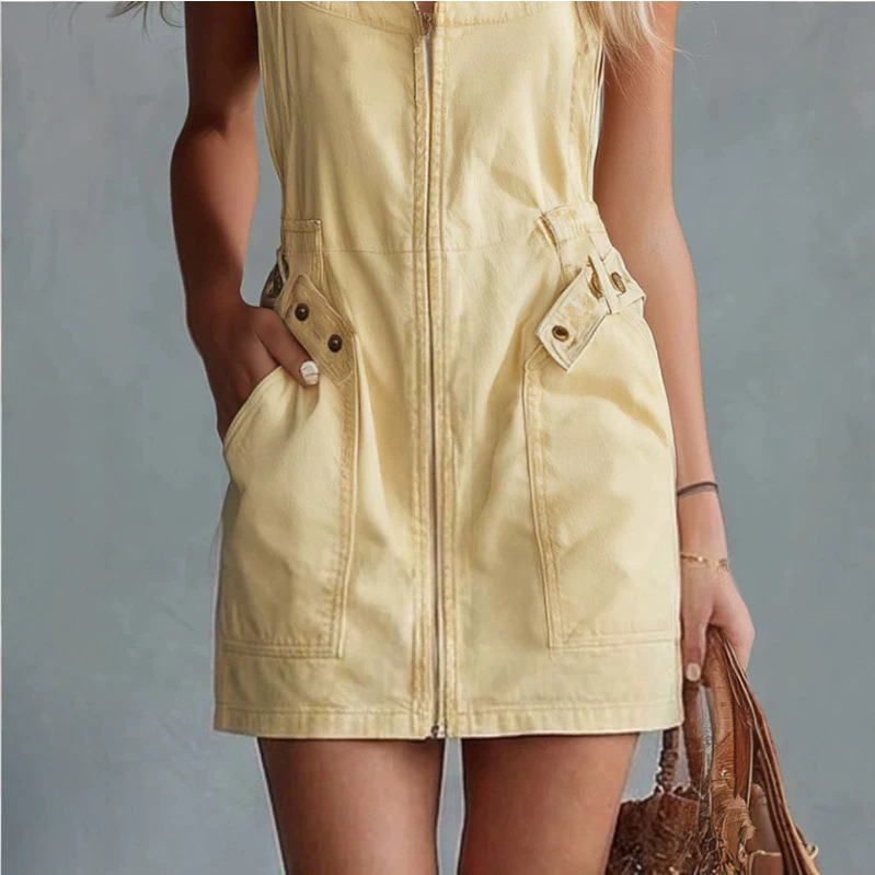 Retro Square Neck Front Zip Light Yellow Denim Mini Skirt