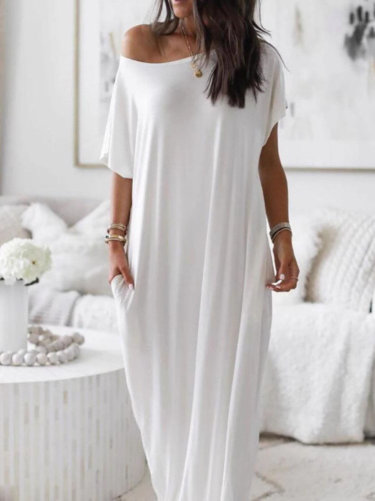 Women's Off-Shoulder Short Sleeve Casual Dress with Pockets