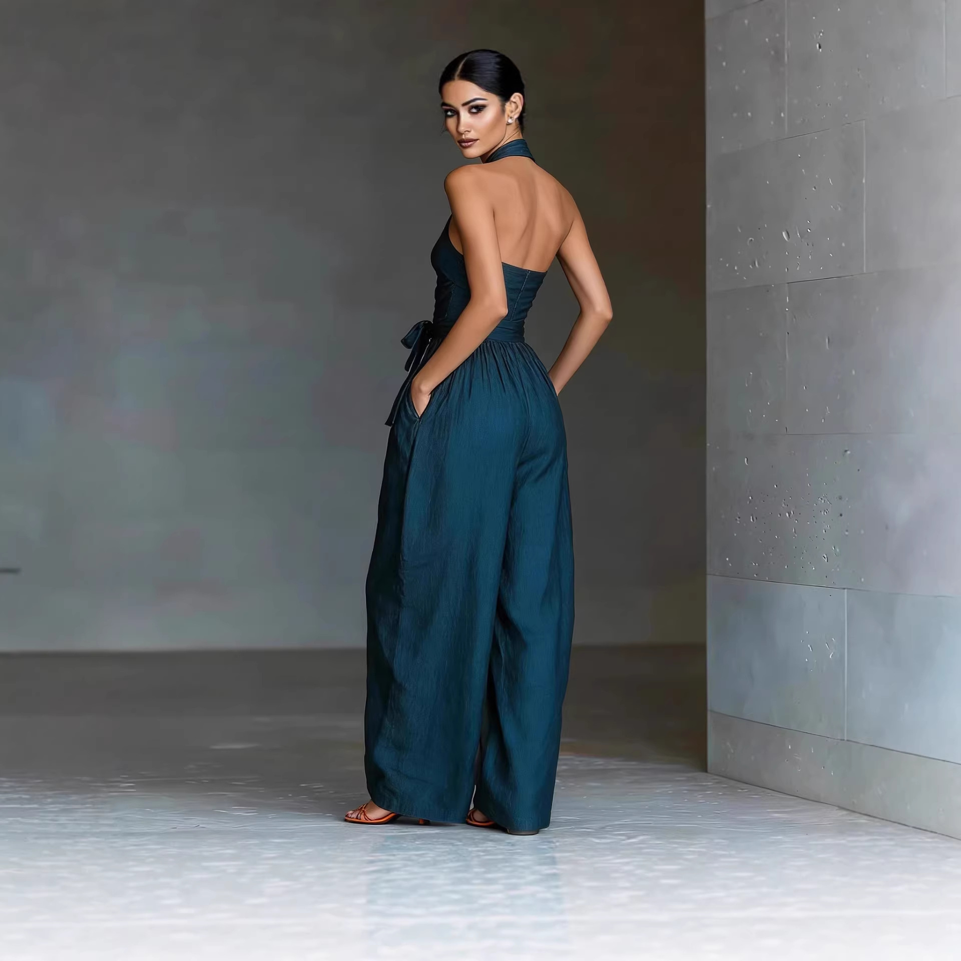 Women's Elegant One-Shoulder Wide-Leg Jumpsuit with Waist Bow