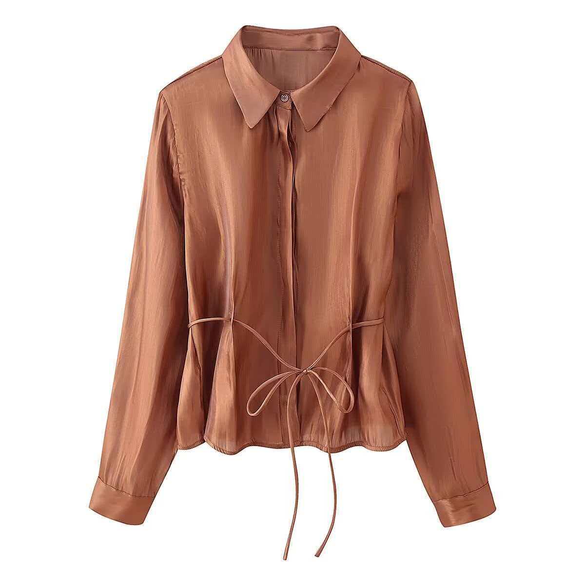 Women's Tencel Drawstring Shirt and Wide-Leg Pants Set