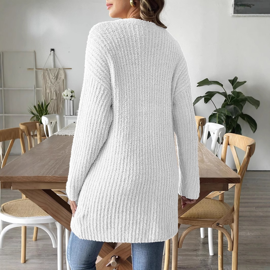 Women's Knit Cardigan with Hand-Crochet Floral Appliqué and Dual Pockets