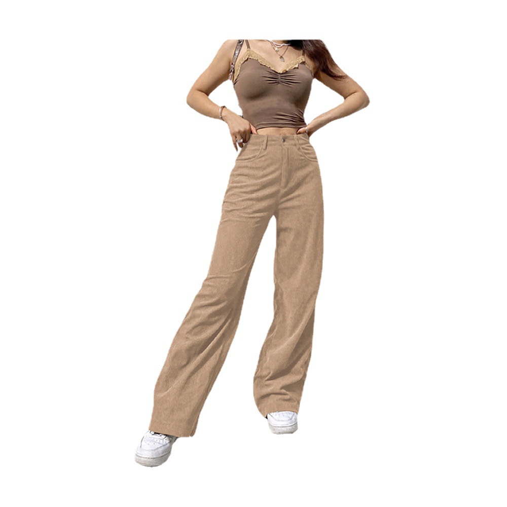 Women's Corduroy High-Waist Straight-Leg Pants Solid Color Slimming Casual Trousers