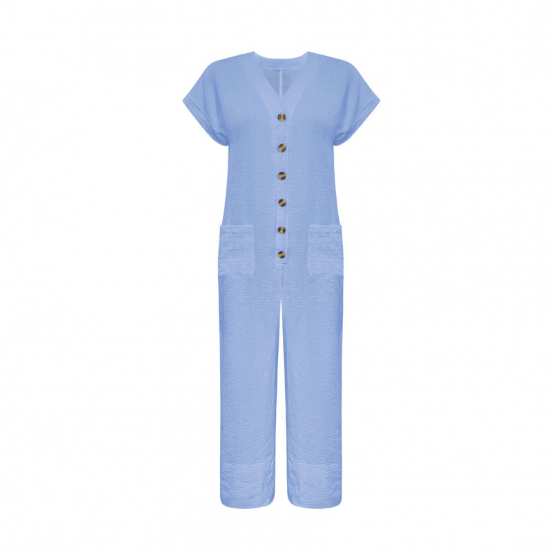 Women's Batwing Sleeve Wide Leg Jumpsuit V-Neck Button Casual Loose Fit