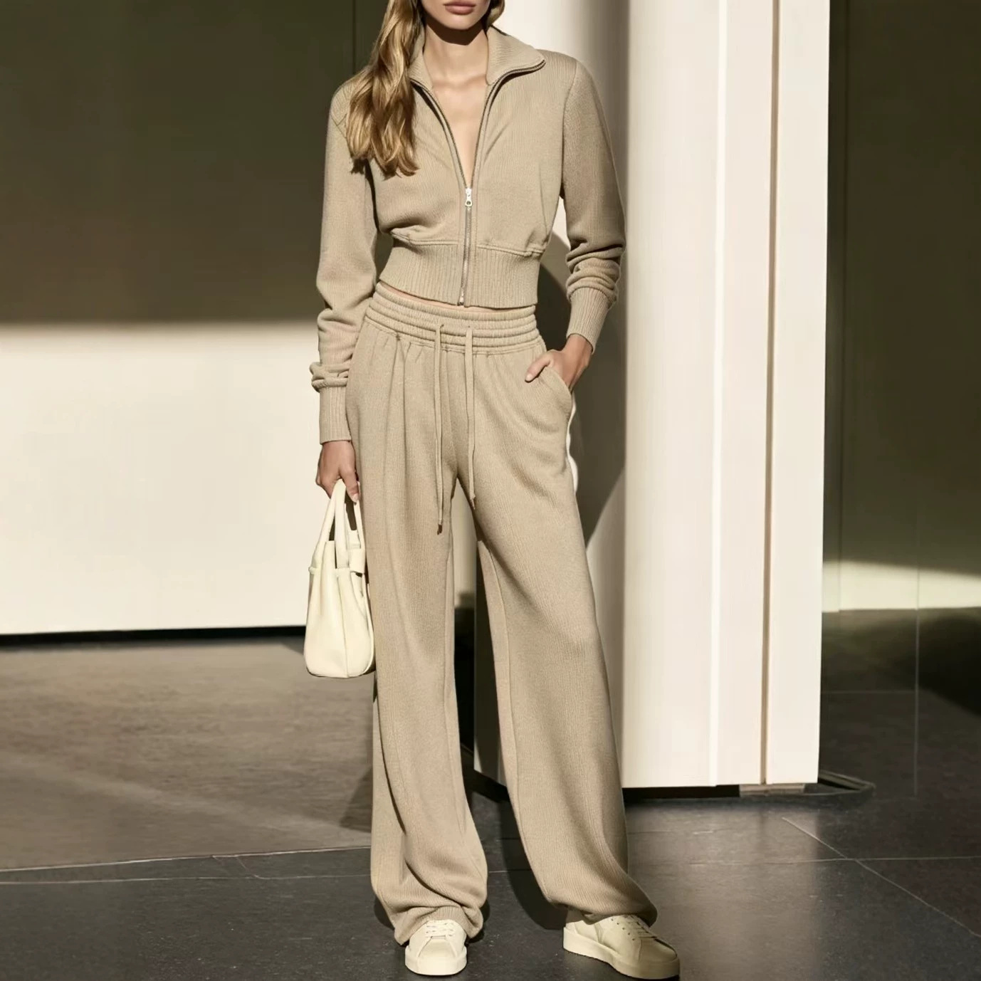 Women's Two-Piece Zip Cardigan Sweatshirt and Wide-Leg Pants Set