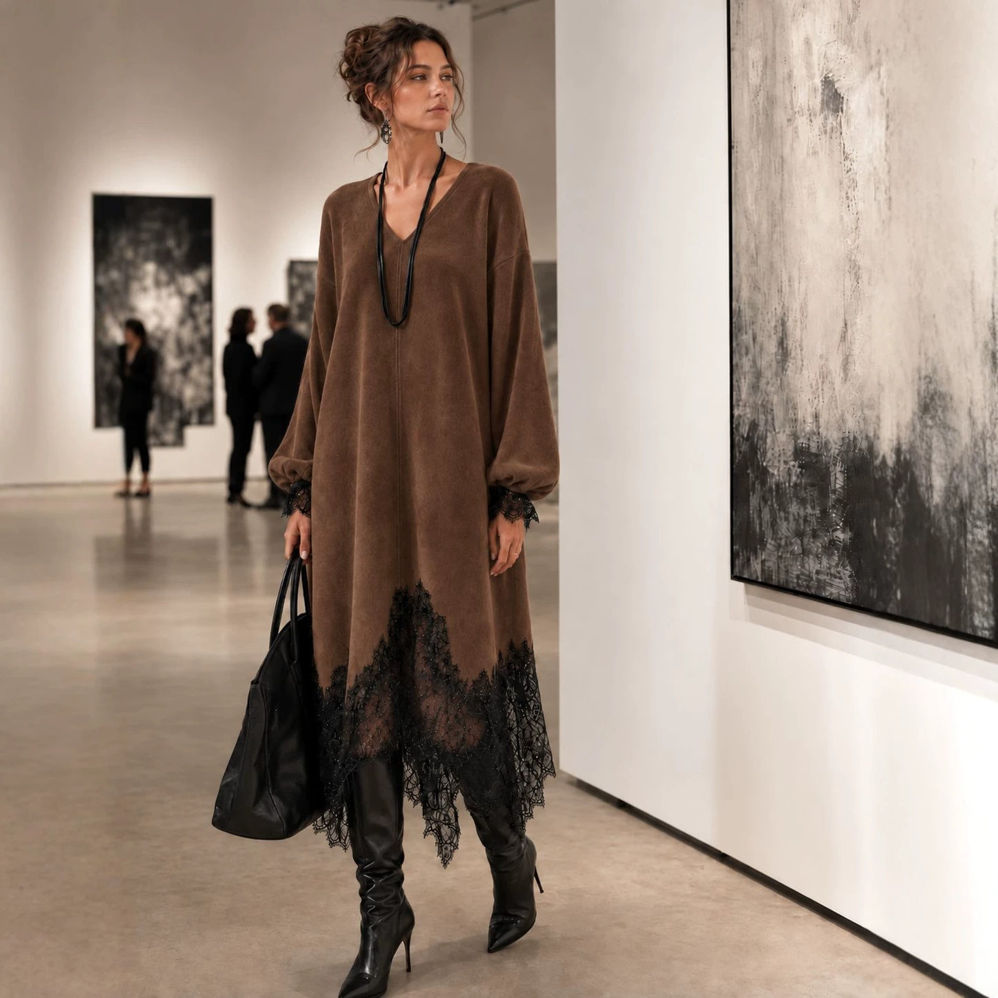 Women's Faux Suede Lace V-Neck Long Sleeve Loose Dress