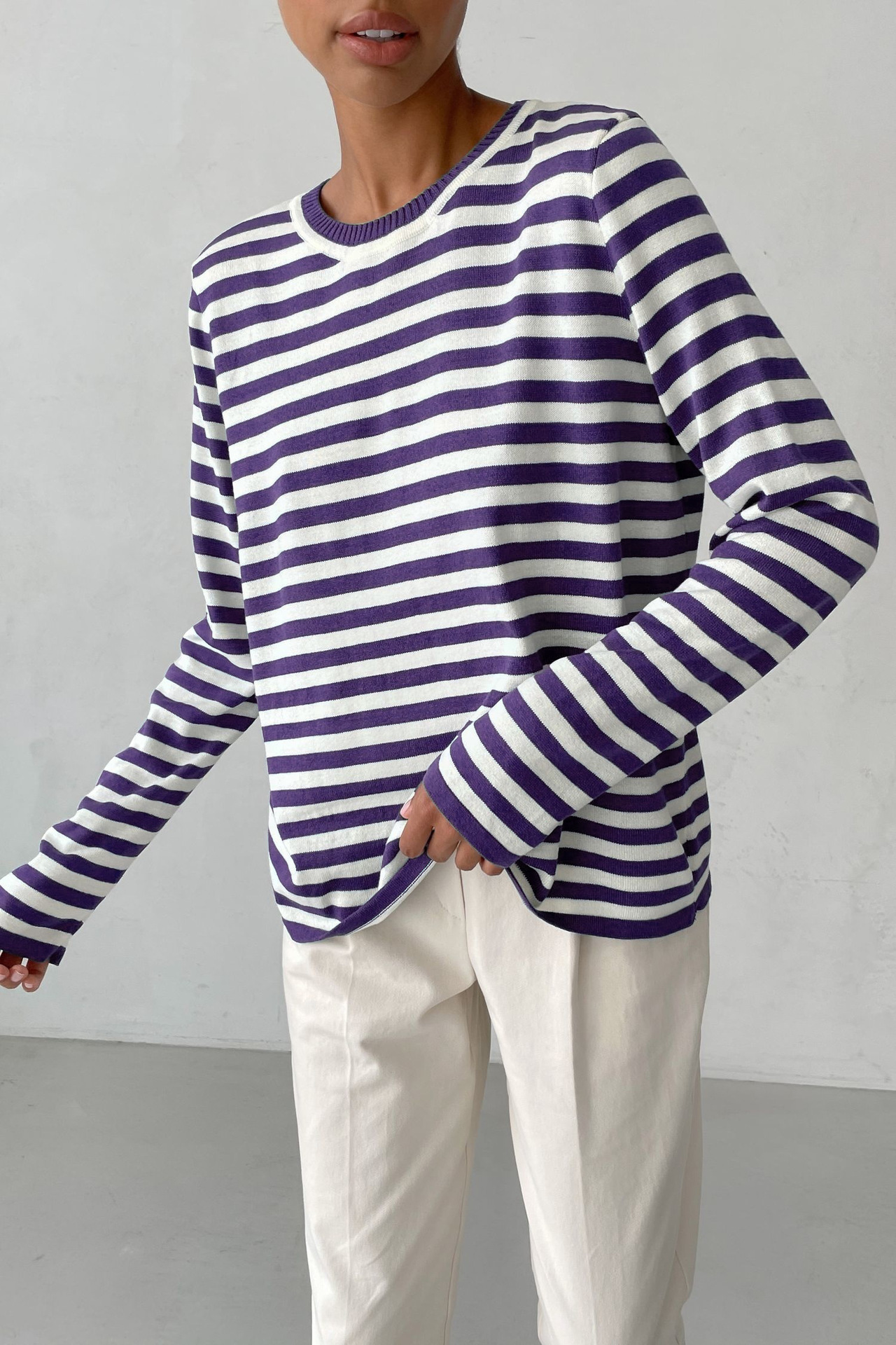 Women's Striped Crewneck Knit Sweater Retro Pullover