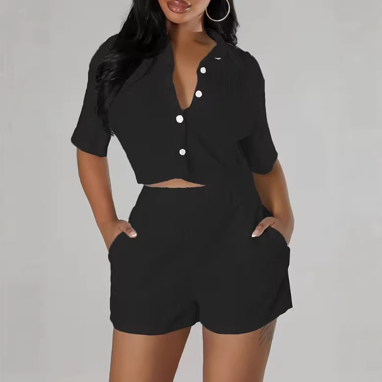 Women's Loose Casual Short-Sleeve Button-Down Shirt & Pleated Wide-Leg Shorts Set