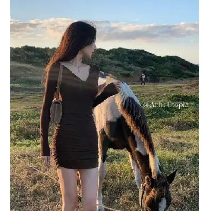 V-Neck Twist Knot Bodycon Mini Dress Long Sleeve Ruched Khaki