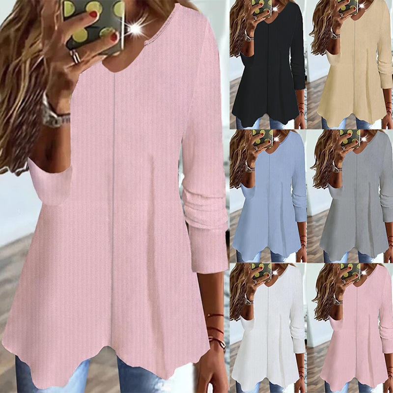 Women's Solid Color V-Neck Knit T-Shirt Long Sleeve Loose Fit