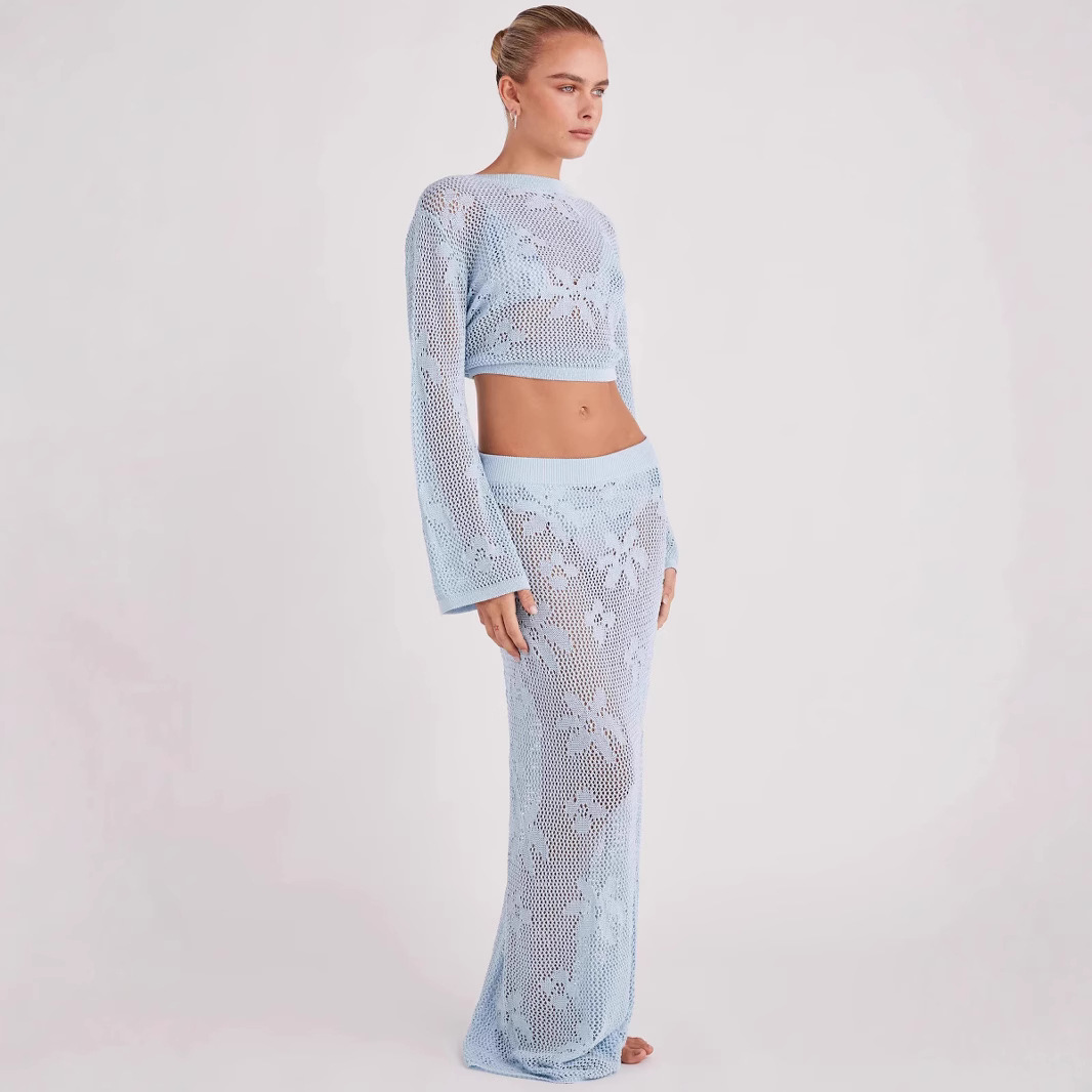 Open-Knit Long-Sleeve Two-Piece Crop Top and Maxi Skirt Set
