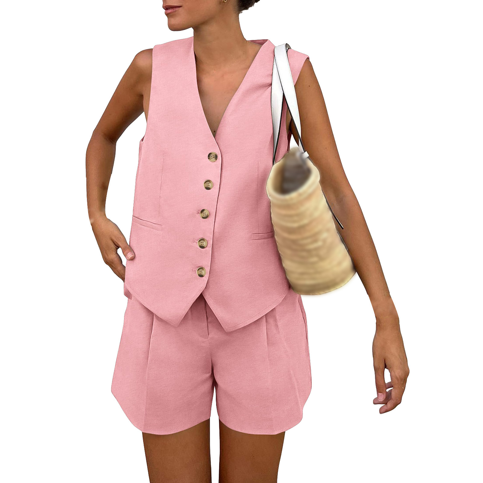 V-Neck Single-Breasted Sleeveless Vest and Shorts Casual Set