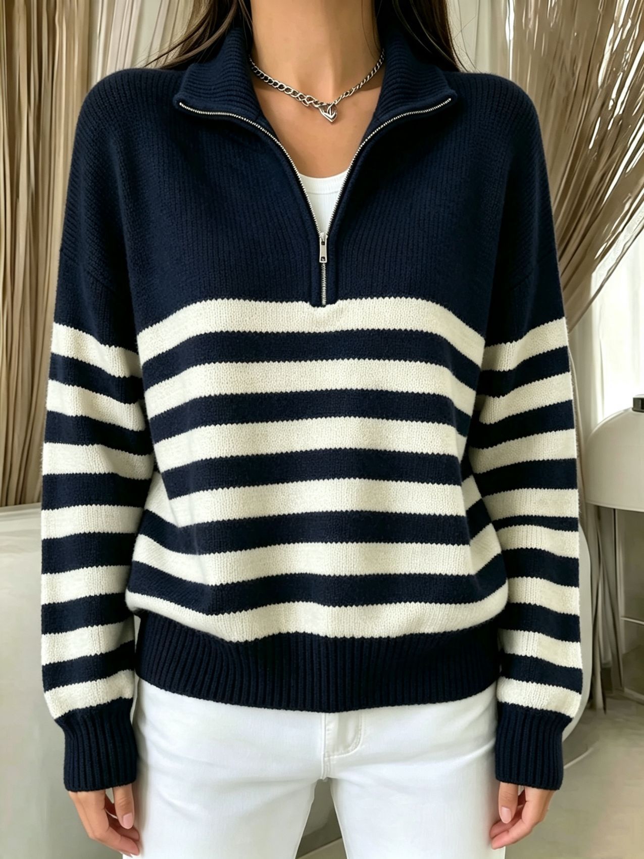 Striped Color-Block Half-Zip Sweater