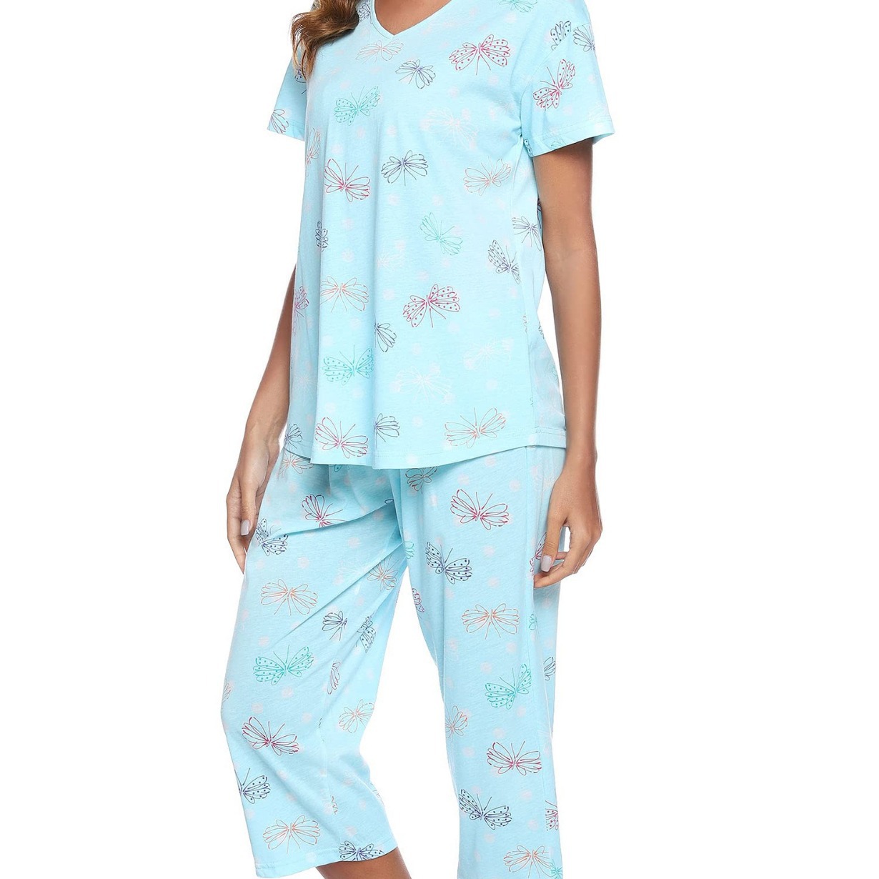 Women's Short Sleeve Capri Pants Pajama Set Knit Cotton Loungewear Plus Size