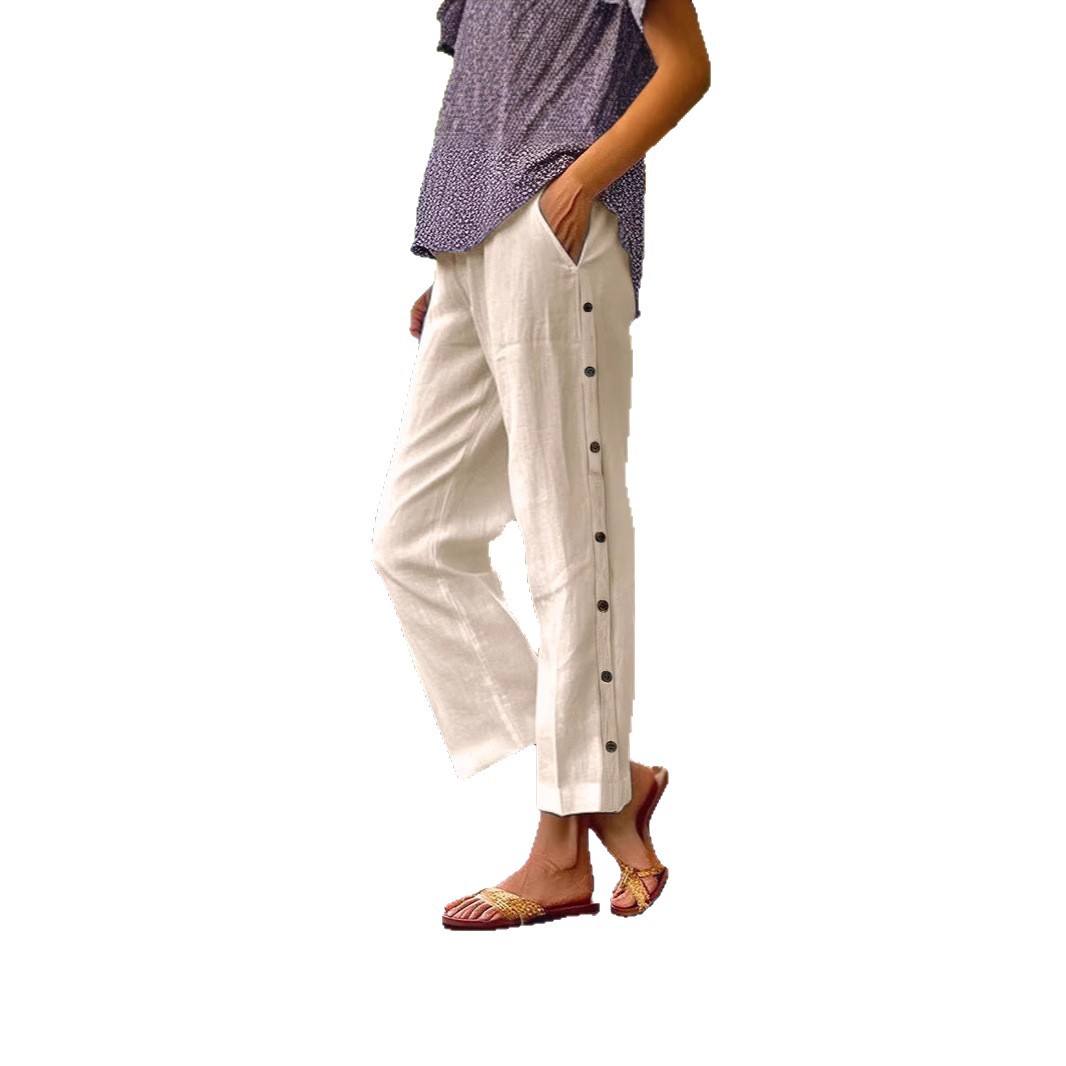 Women's Cotton-Linen Cropped Pants High Waist Loose Side Pocket