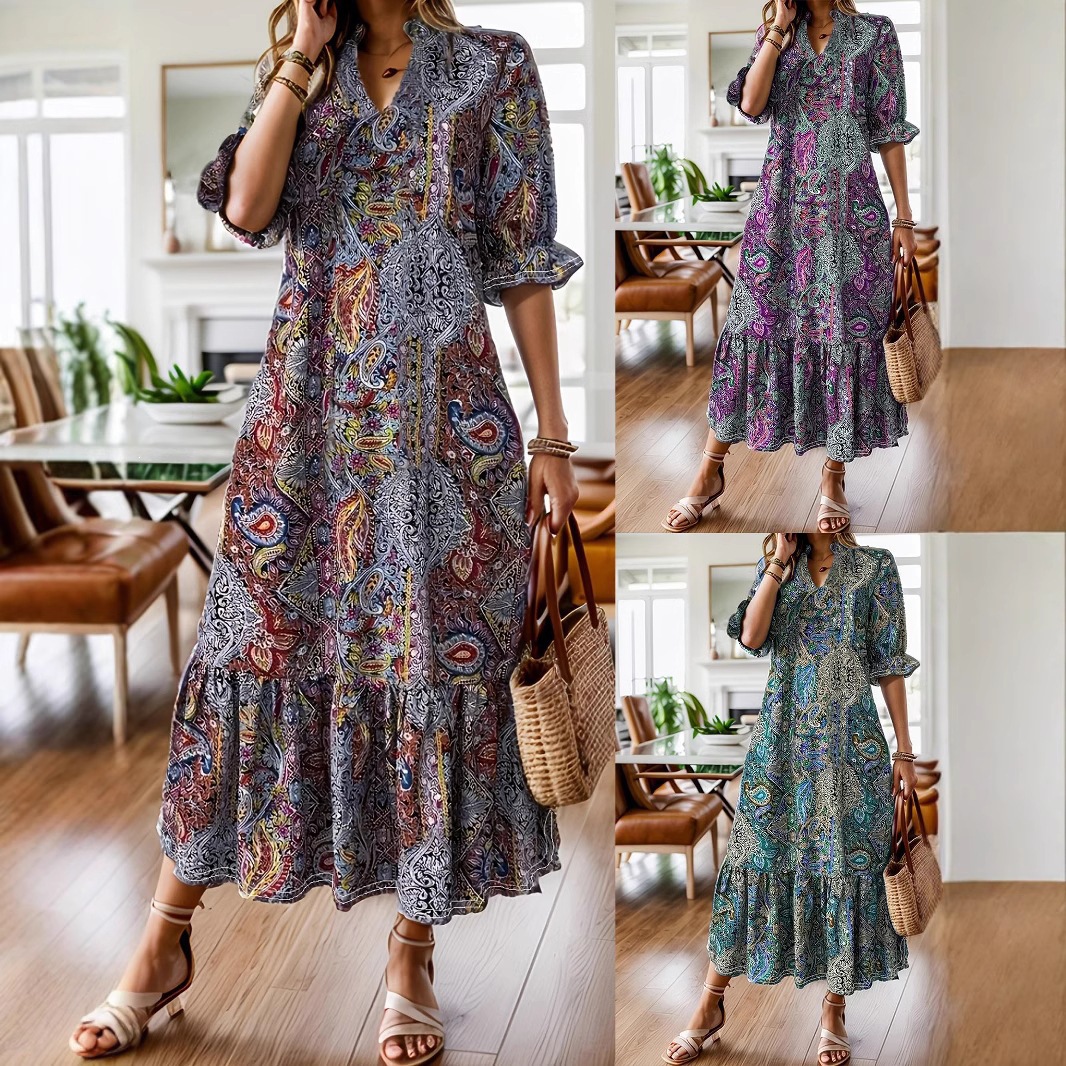 Bohemian Floral Print Maxi Dress with Mandarin Collar and Layered Ruffle Hem