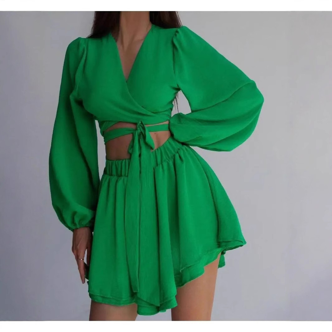 Women's Long Sleeve Belted Cardigan and Shorts Set