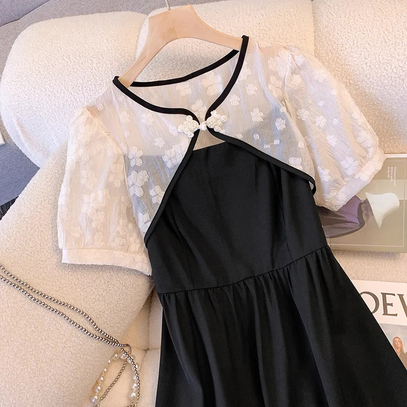 Plus Size Women's Tie-Front A-Line Midi Dress New Chinese Style V-Neck Short Sleeve Black