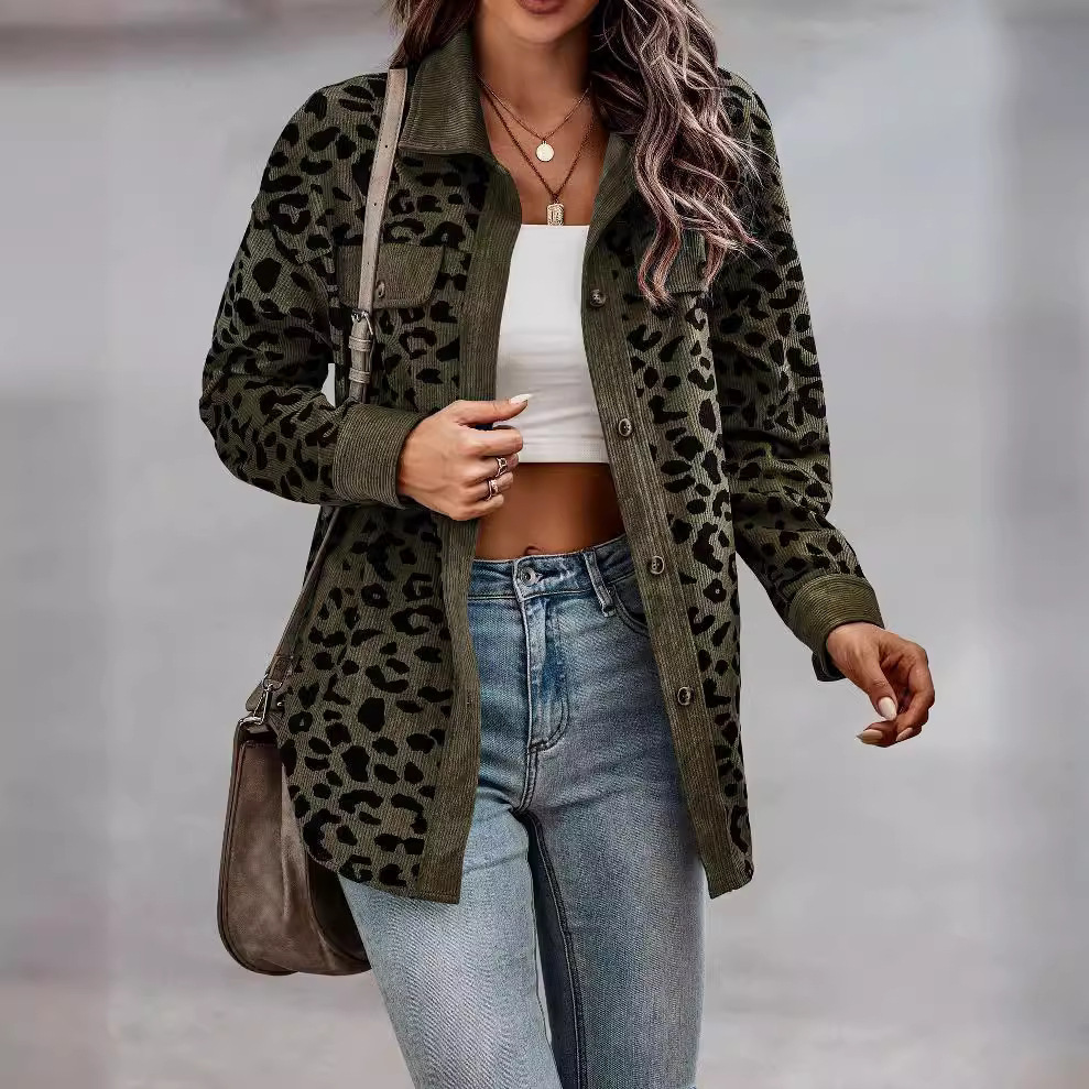 Leopard Print Button-Front Long-Sleeve Jacket Casual Versatile