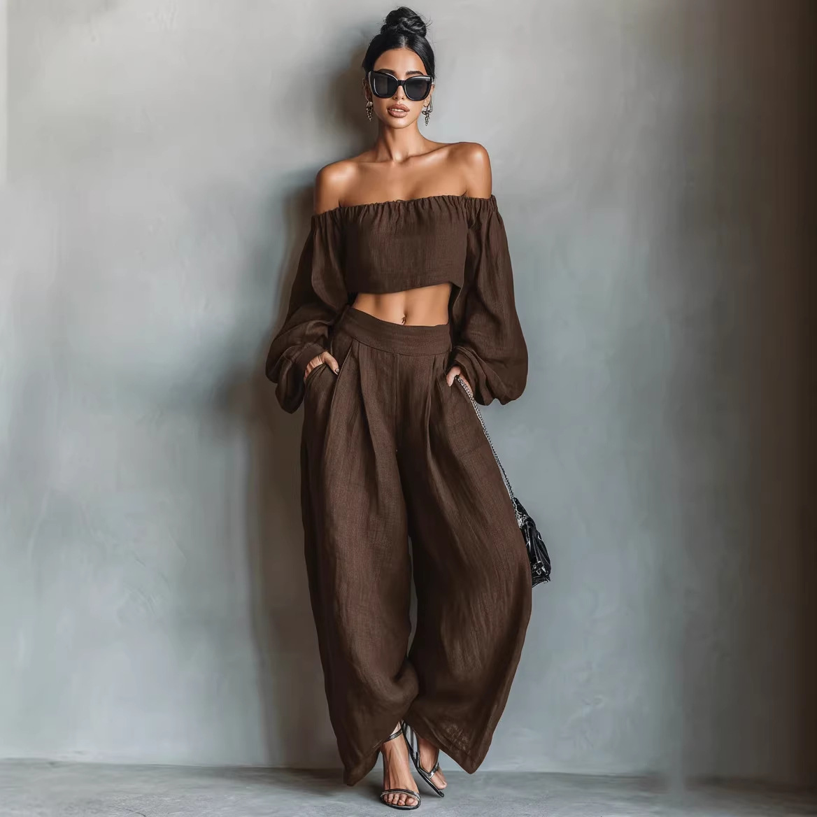 Women's Off-Shoulder Top & Wide-Leg Pants Set