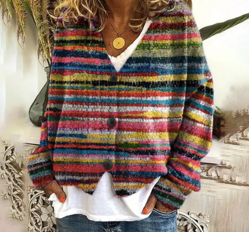 3D Print Rainbow Cardigan Soft Knit Casual Sweater