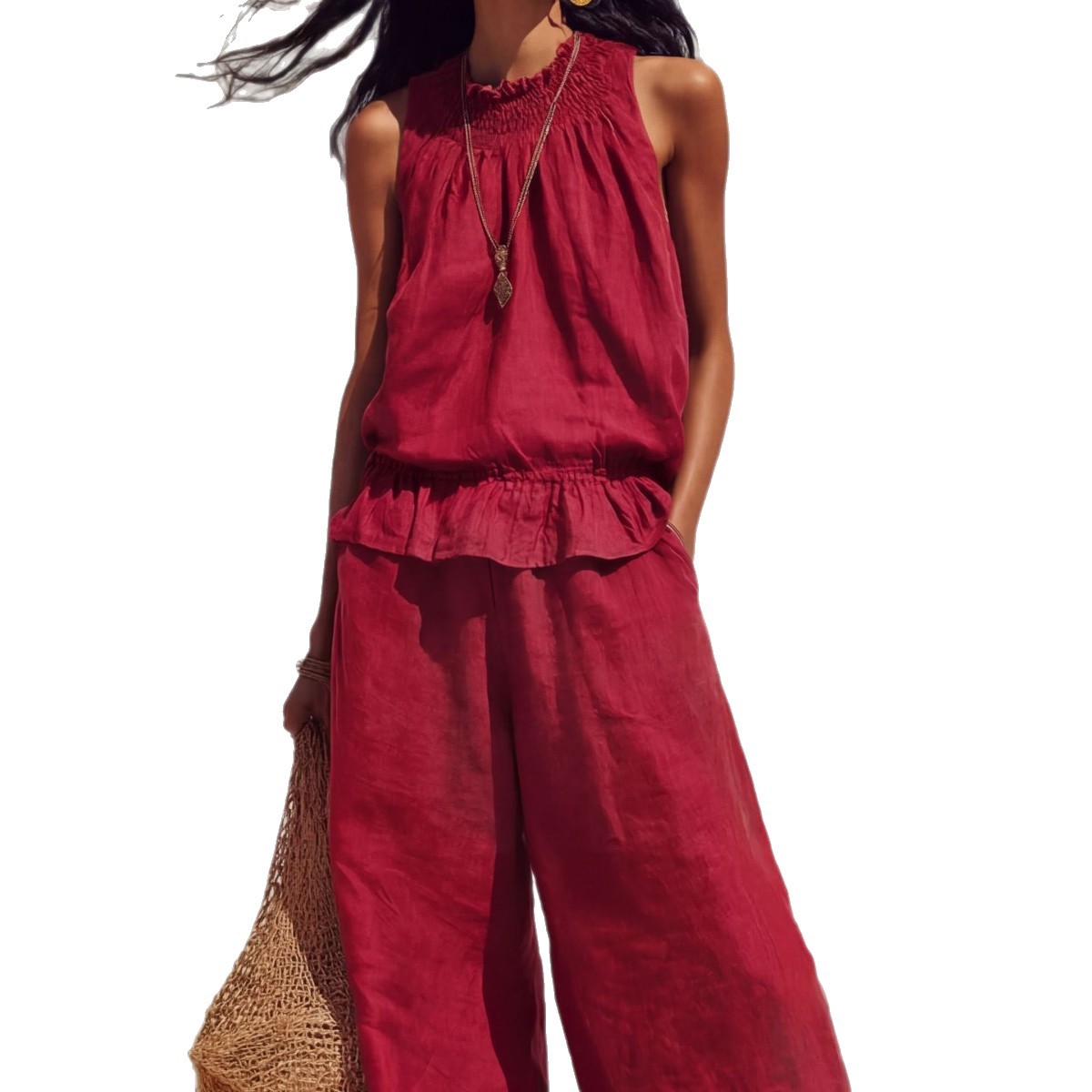Women's Boho Ruffle Two-Piece Set Sleeveless Shirt and Wide-Leg Pants