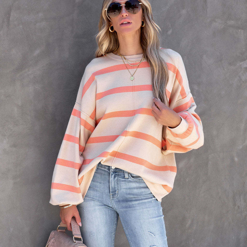 Striped Color-Block Loose Crewneck Sweater