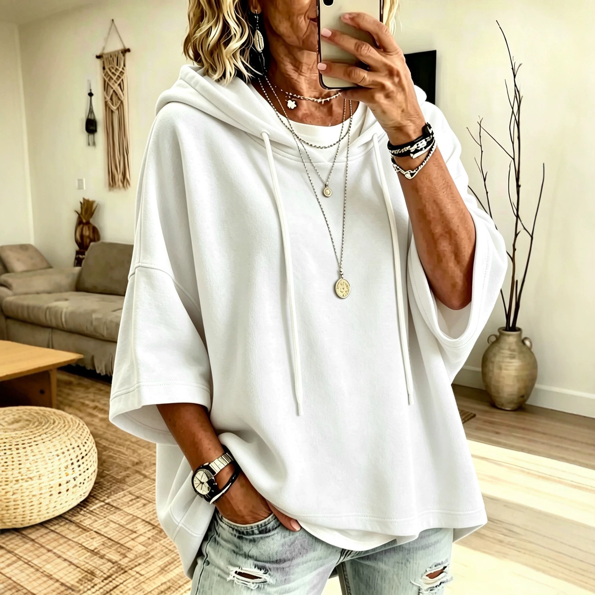 Women's 3/4 Sleeve Solid Hooded Sweatshirt Casual Pullover