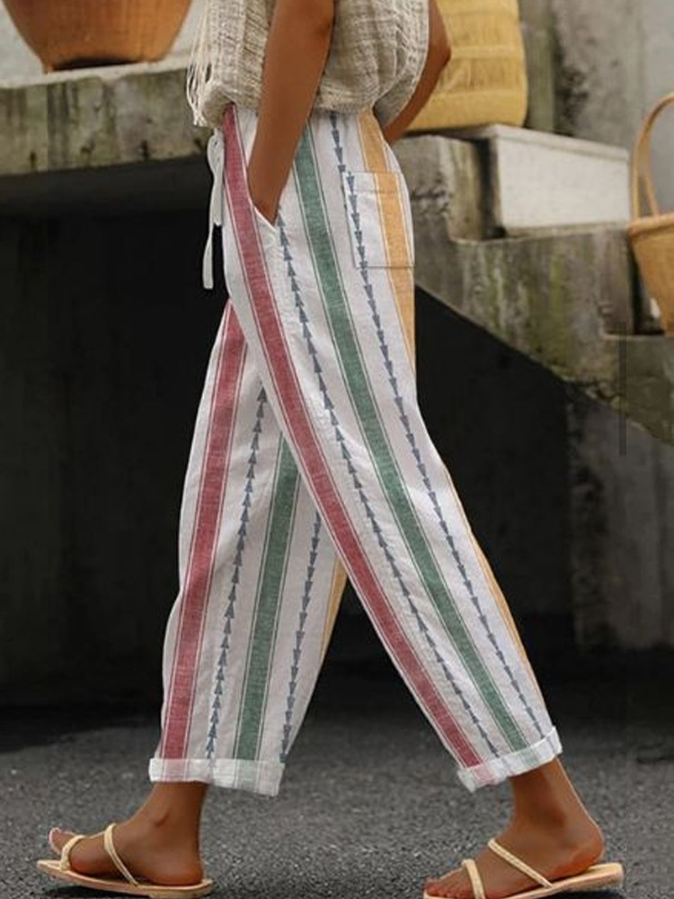 Women's Drawstring Pocket Straight-Leg Pants with Digital Print