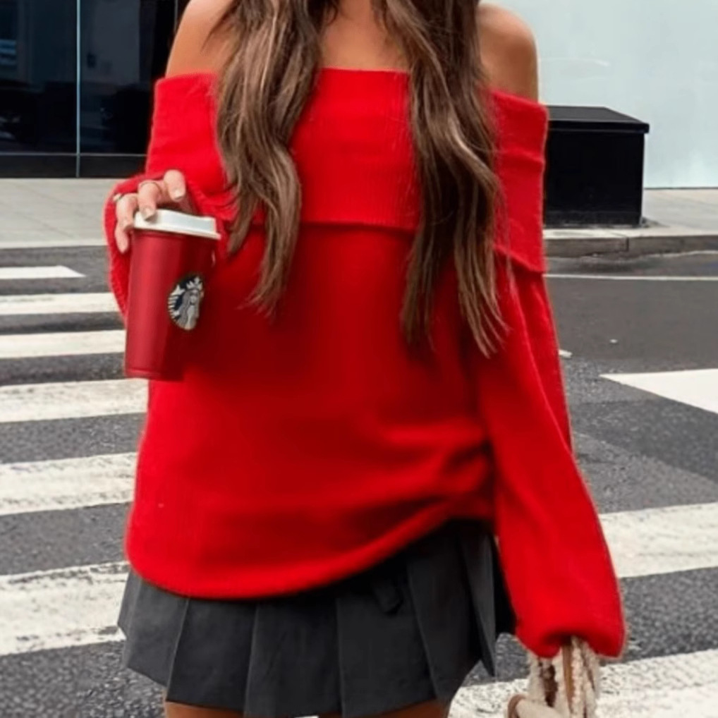 Women's Off-Shoulder One-Line Neck Slim Fit Solid Knit Pullover Sweater
