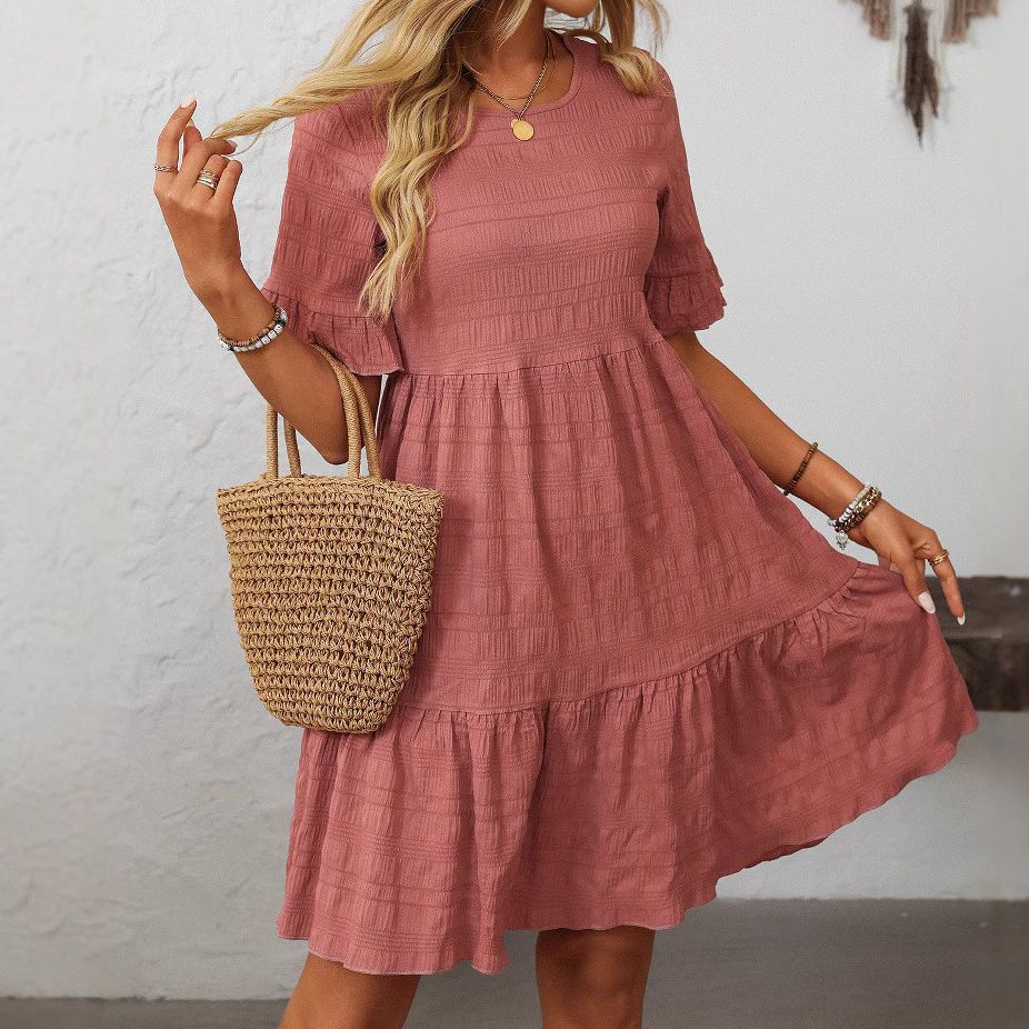 Women's Plaid A-Line Dress with Ruffle Sleeves and Round Neck