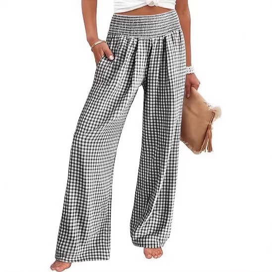 Plaid Wide-Leg Casual Pants with Elastic Waist