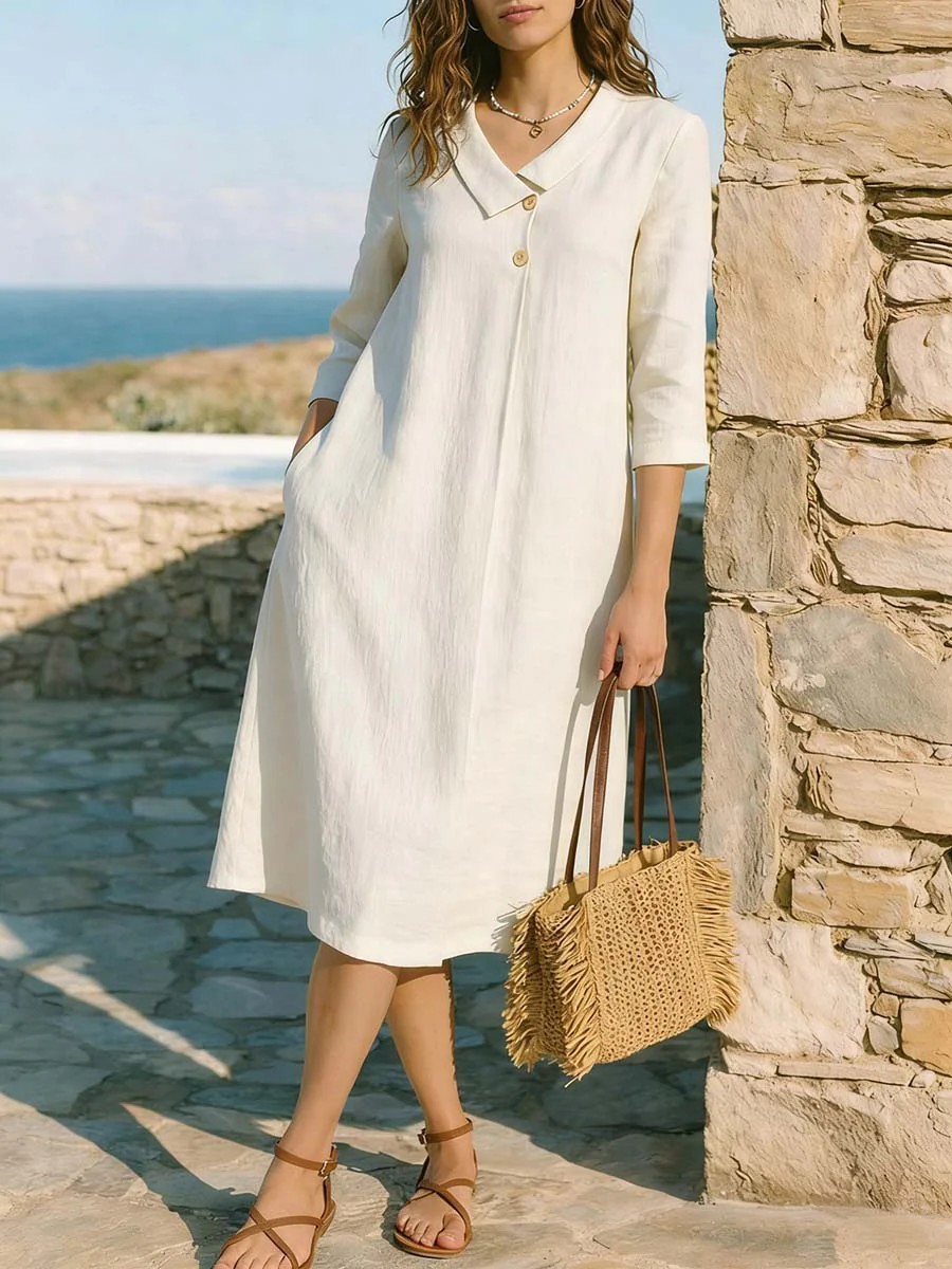 Women's Solid Color French Collar Midi Dress