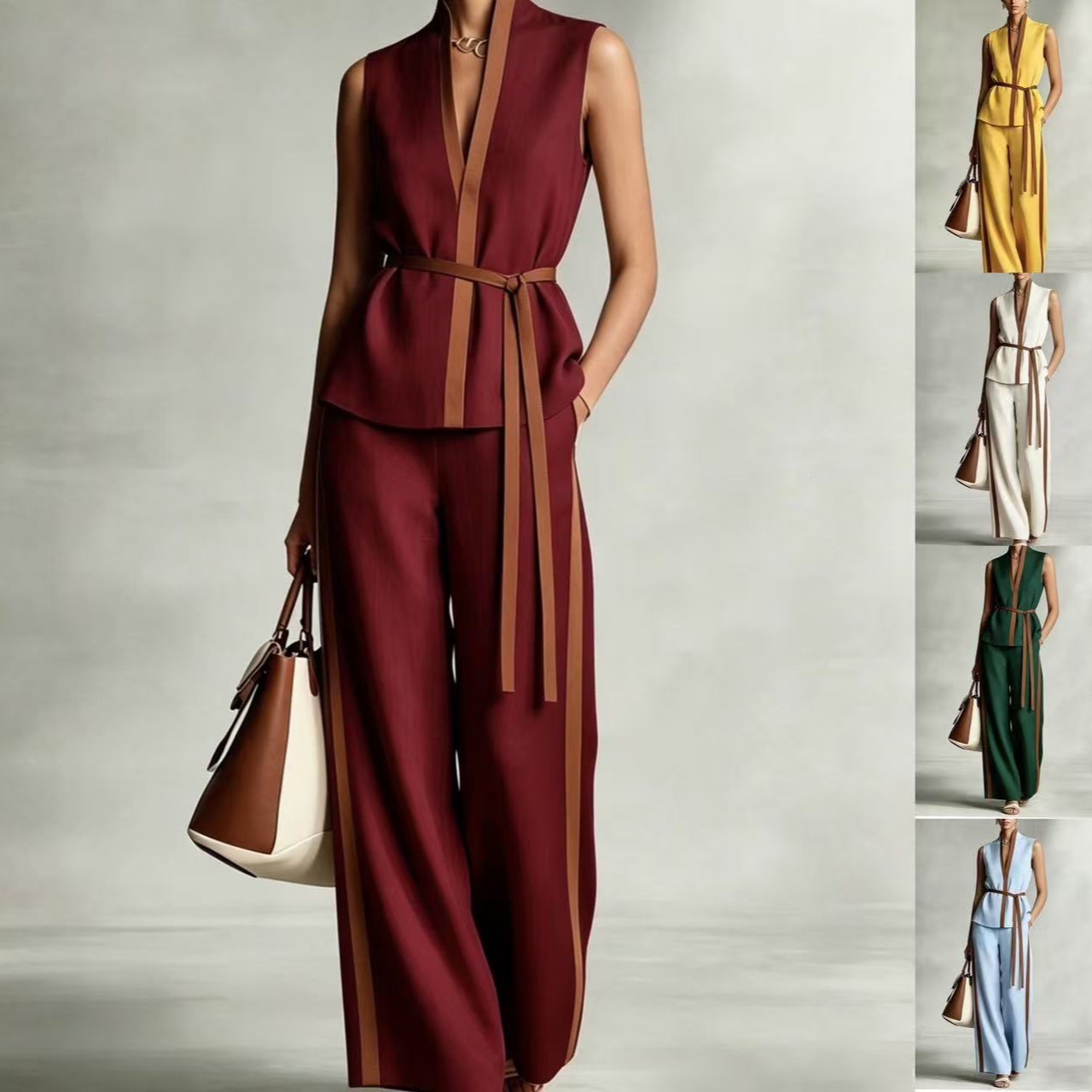 Women's Sleeveless Colorblock Top & Wide-Leg Pants Set