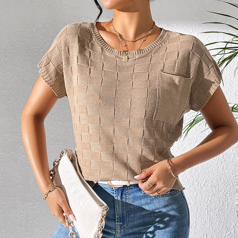 Women's Loose Knit Short Sleeve T-Shirt Solid Color Crew Neck Casual Top