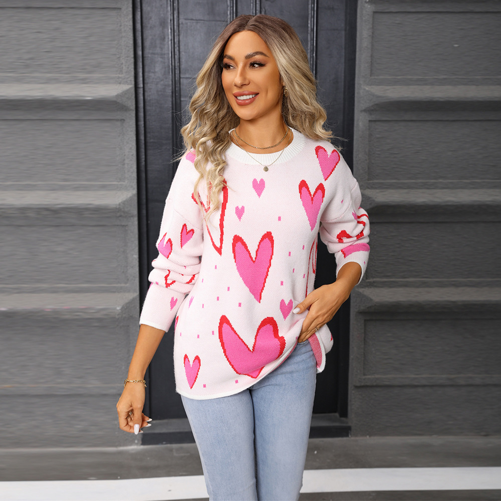 Women's Heart Crewneck Pullover Sweater Long Sleeve Loose Knit Top