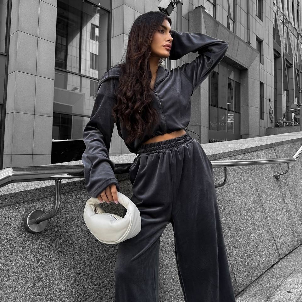 Velvet Hooded Two-Piece Set Women's Cropped Cardigan & High-Waist Wide-Leg Pants