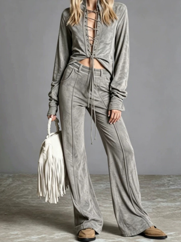Women's Western Style Suede Cardigan and Pants Set