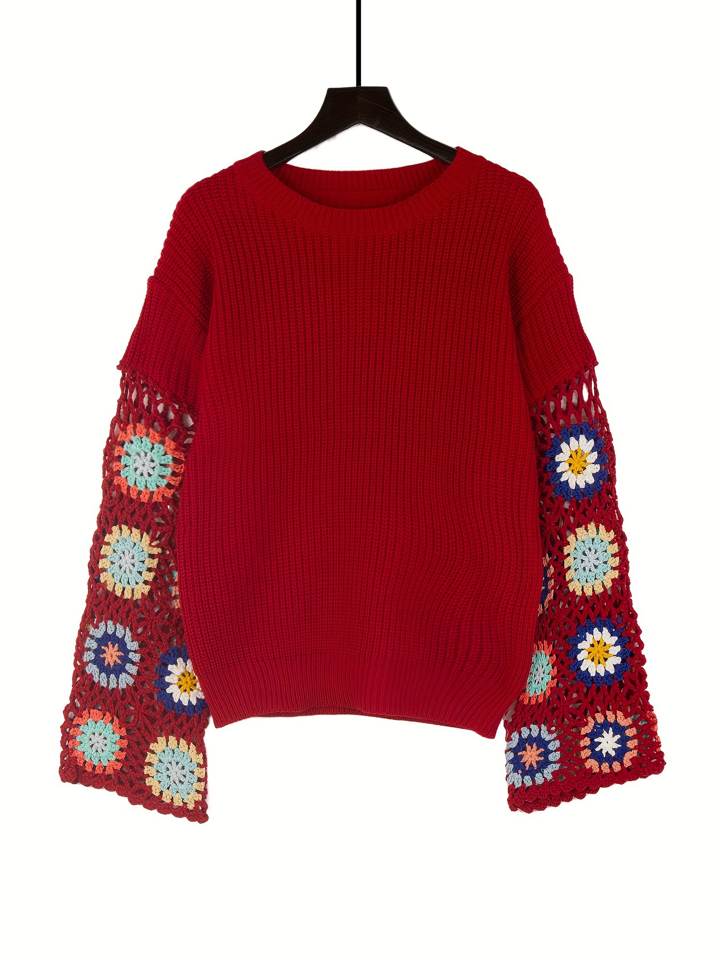 Women's Crochet Flared-Sleeve Pullover Sweater with Hollow-Out Colorblock Design