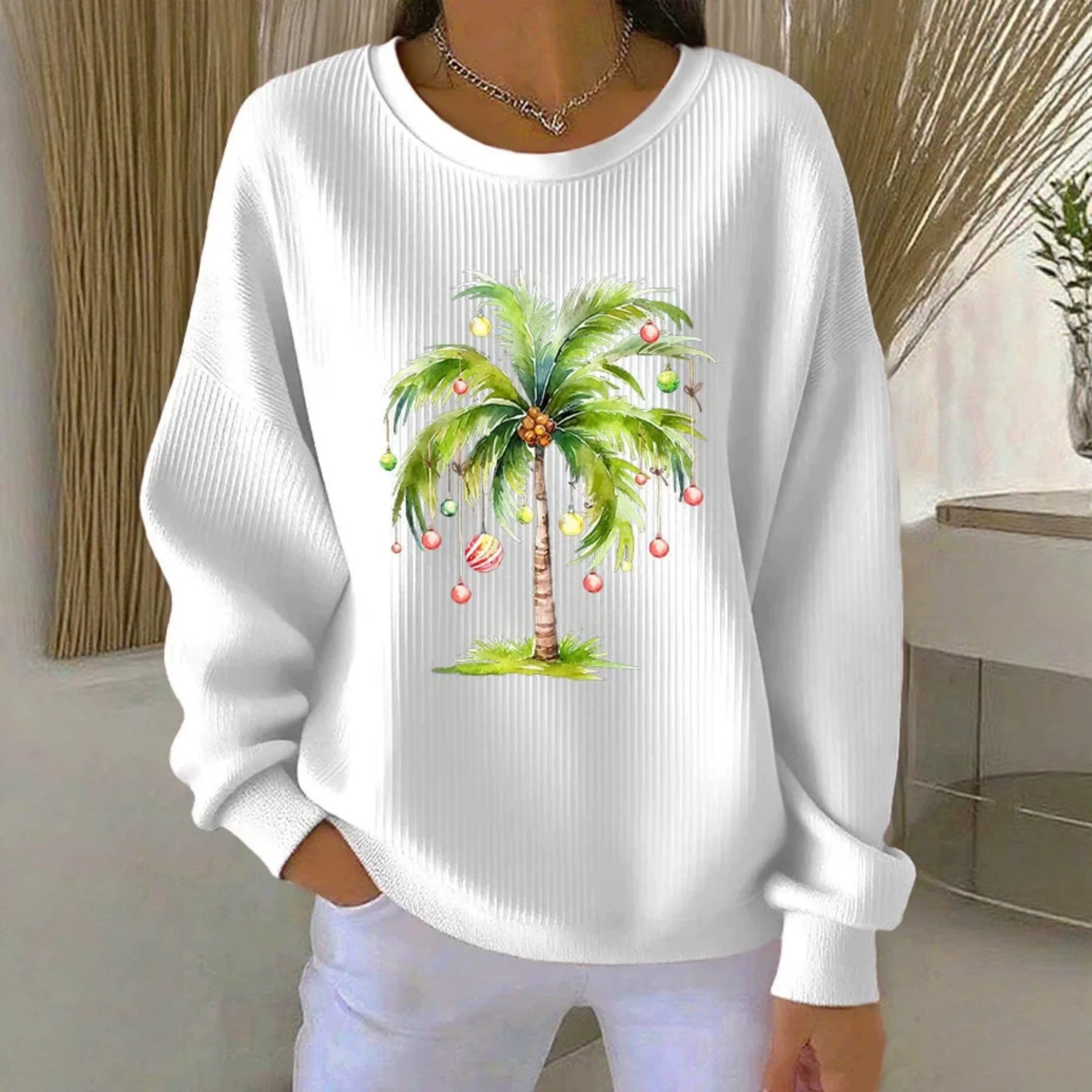 Coconut Tree Fruit Print Crewneck Long Sleeve Pullover Sweatshirt