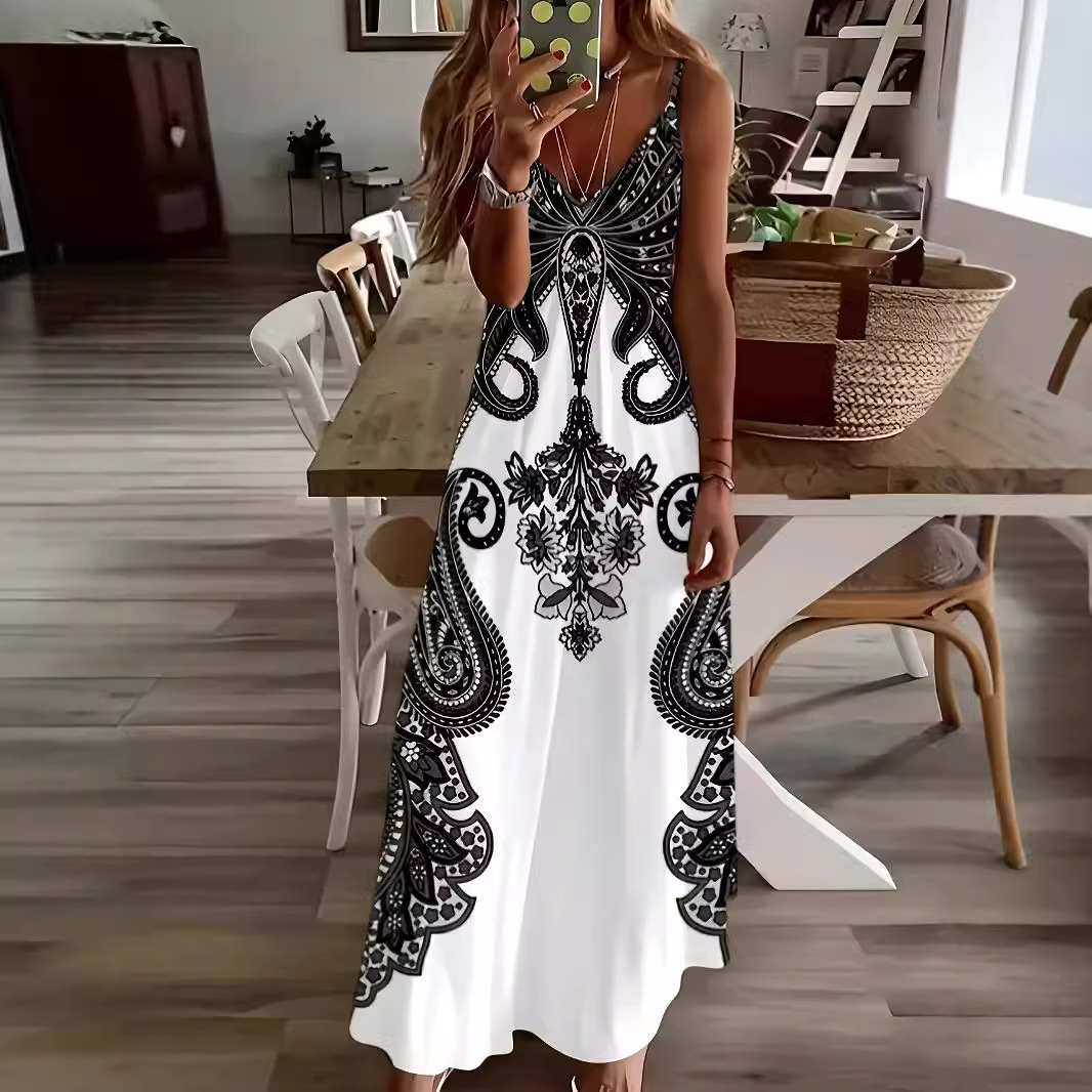 Floral Print V-Neck Cami Dress Bohemian Vacation Long Dress
